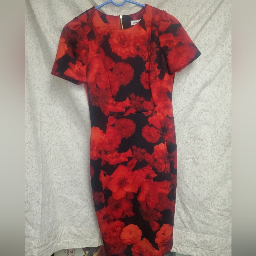 Calvin Klein Red and Black Floral Midi Dress